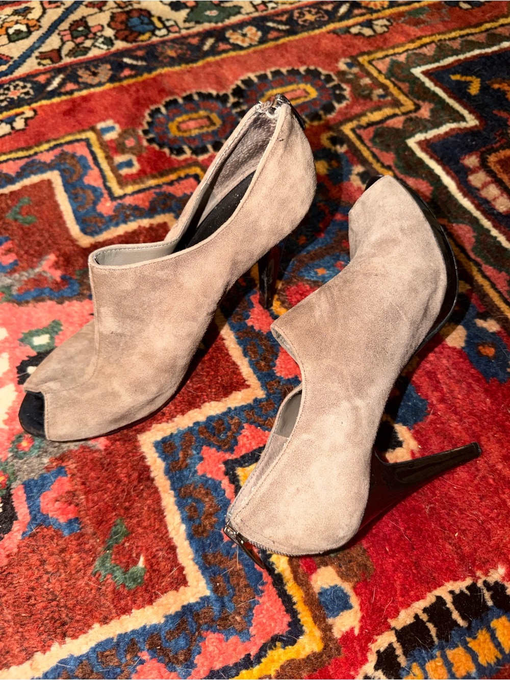 Suede Peep-Toe Booties - Taupe